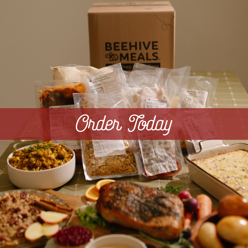 Thanksgiving Box packaged with a cardboard Beehive Meals box with the prepared Thanksgiving Box dishes in the background with text 'order today' over the image.