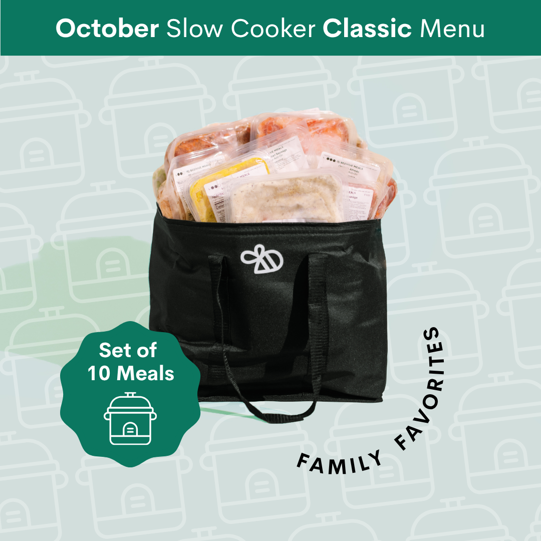 A black insulated slow cooker bag filled with packaged meals and food items, shown on a pale green patterned background with the text 'October Slow Cooker Classic Menu' and 'Set of 10 Meals Family Favorites'.