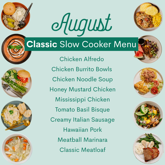 A recipe-style menu cover for an August slow cooker meal plan, with the title 'August Classic Slow Cooker Menu' in teal text on a pale aqua background and a list of meals centered. Food photos are shown around the edges and sides of the title.