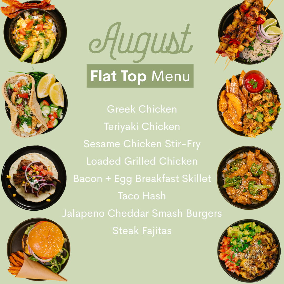 A flat top menu graphic for August featuring a list of food items in the center and eight circular photos of prepared dishes arranged around the edges on a pale green background.