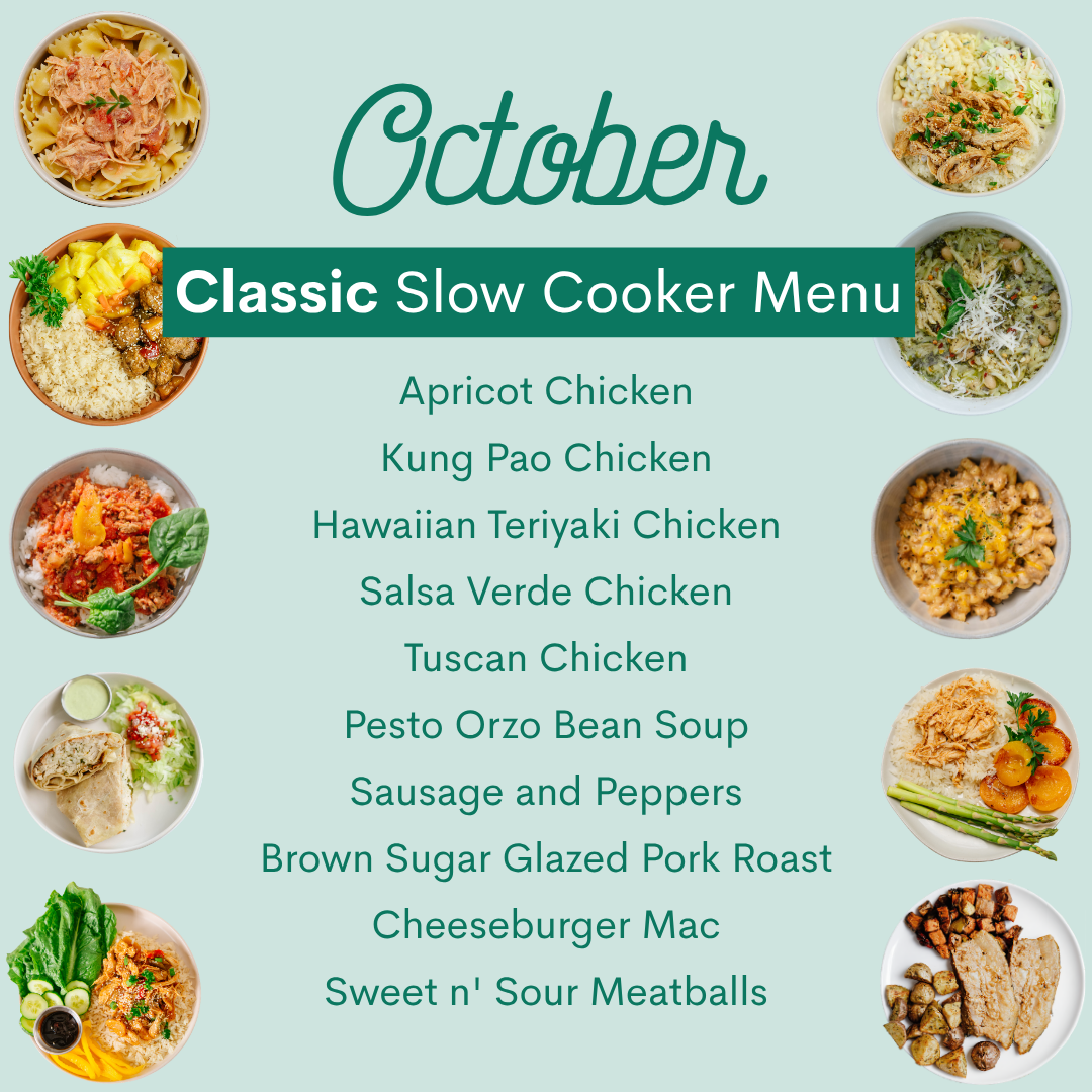 A recipe-style menu graphic for a October slow cooker meal plan on a pale aqua background. The title reads 'October Classic Slow Cooker Menu' with a list of recipes in the center, surrounded by circular food photos showing prepared dishes.