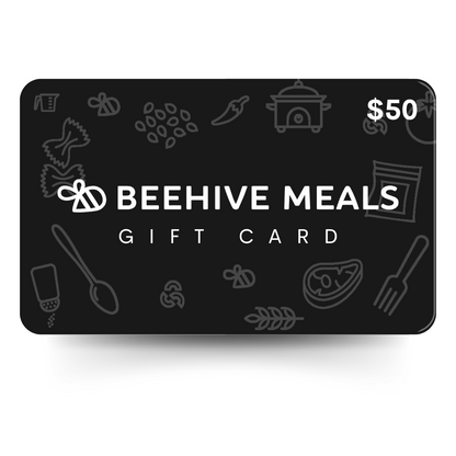 A digital gift card from Beehive Meals featuring food-related illustrations and the denomination $50 displayed prominently.