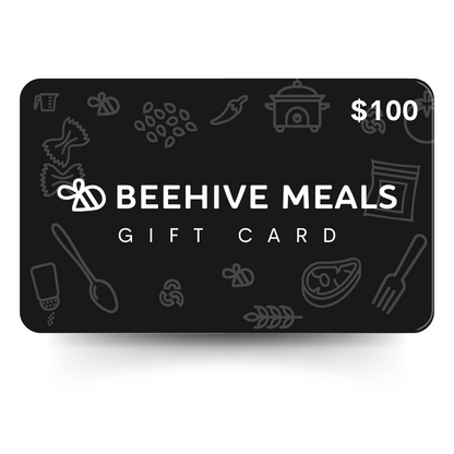 A digital gift card from Beehive Meals featuring food-related illustrations and the denomination $100 displayed prominently.