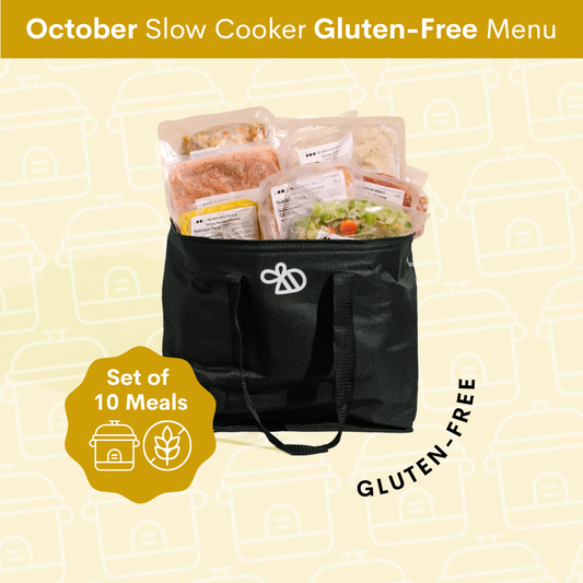 A black insulated slow cooker bag filled with packaged gluten-free meals, shown on a pale yellow patterned background with text reading 'October Slow Cooker Gluten-Free Menu' and 'Set of 10 Meals'.