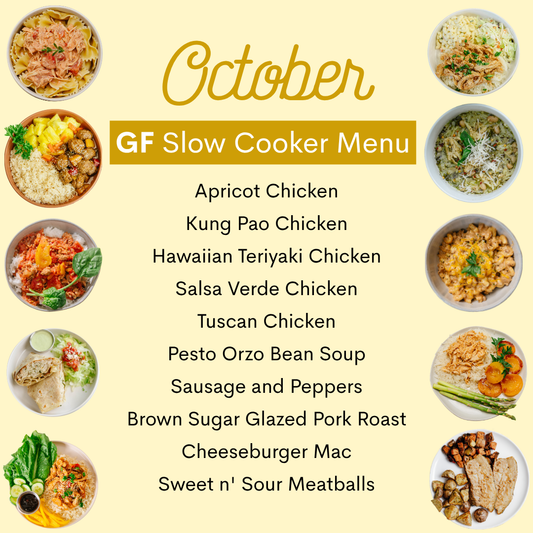 A recipe menu poster for a GF Slow Cooker, featuring a list of ten recipes on a pale yellow background with photos of various prepared dishes arranged around the text.