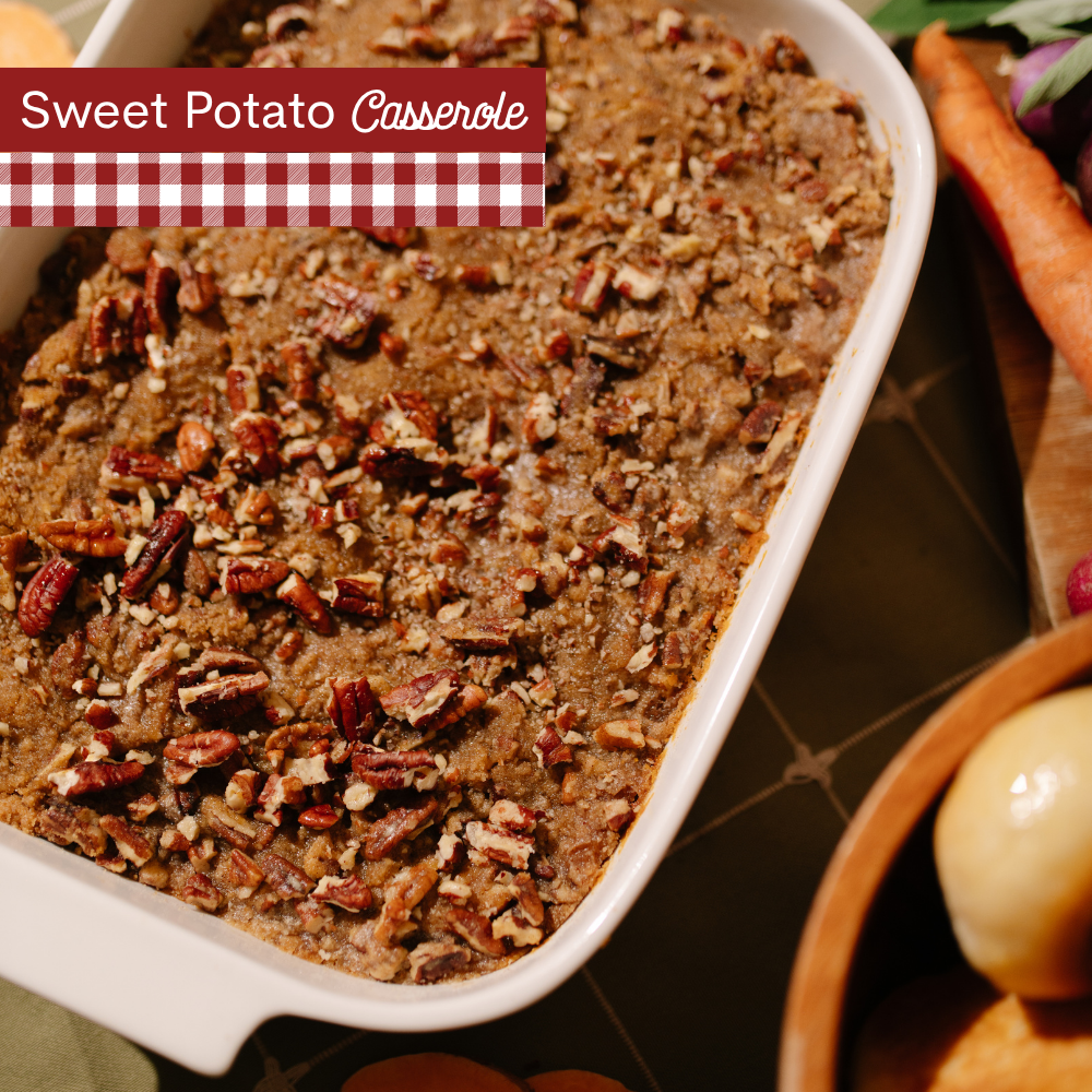 Sweet Potato Casserole in a white dish toped with brown sugar pecan topping with A red-and-white gingham banner at the top left reads 'Sweet Potato Casserole'.