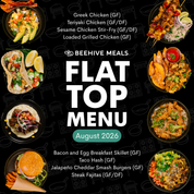 A promotional menu cover for Beehive Meals Flat Top Menu, August 2026, featuring a black background with white text and a border of food photos including tacos, burgers, grilled chicken, and salads.