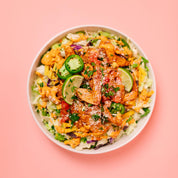 Colorful salad with chicken, lime, and cheese in a white bowl on a pink background