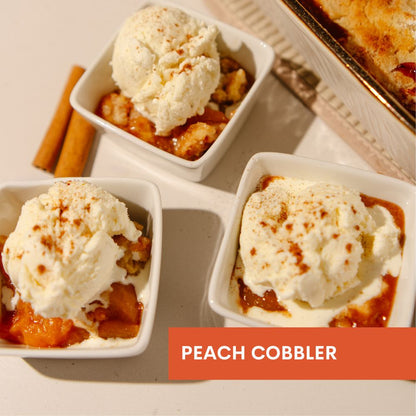 Three servings of peach cobbler with vanilla ice cream on a beige surface, with 'Peach Cobbler' text at the bottom.