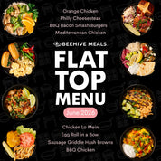 Beehive Meals Flat Top Menu with various dishes and text on a black background
