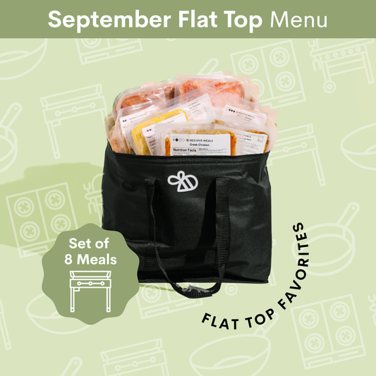 A black insulated flat-top bag filled with packaged meals, shown on a light green illustrated background with the text 'September Flat Top Menu' and 'Set of 8 Meals'.