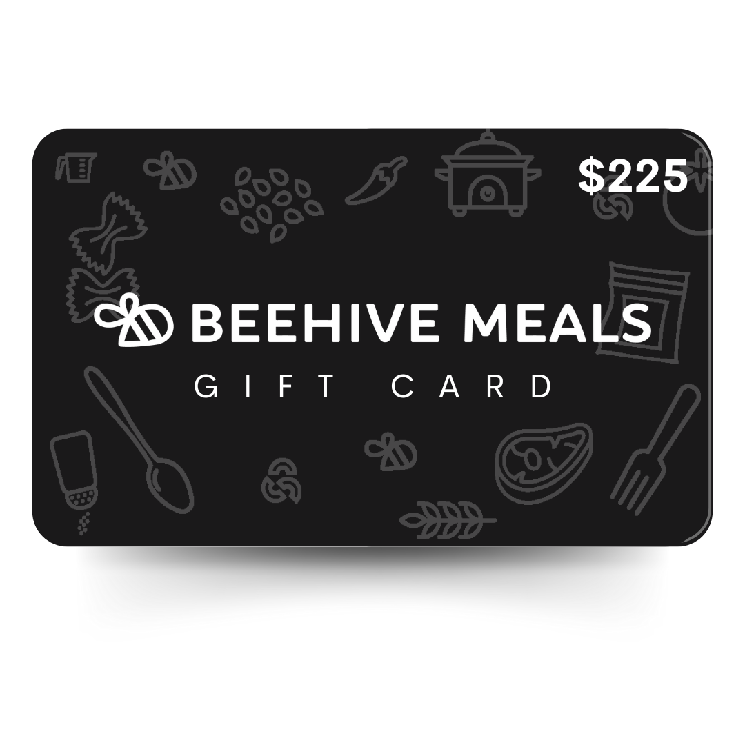 A digital gift card from Beehive Meals featuring food-related illustrations and the denomination $225 displayed prominently.