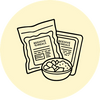 A simple line-art illustration of two 'BEEHIVE MEALS' pouches and a bowl of food on a pale yellow background.