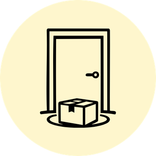 A simple black line drawing of a door with a package or box placed in front, centered inside a pale yellow circular background.