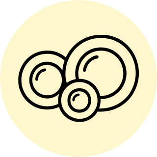 A minimalist black line icon depicting three nested circular plates, centered on a pale cream-colored circular background.
