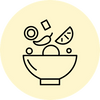 A minimalist black line icon of a bowl with food items floating above it, centered on a pale yellow circular background.