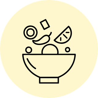 A minimalist black line icon of a bowl with food items floating above it, centered on a pale yellow circular background.