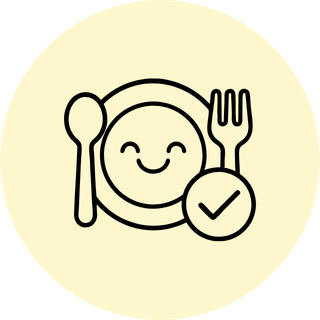 A simple black line icon of a smiling face on a plate with a spoon, fork, and check mark, centered on a pale yellow circular background.
