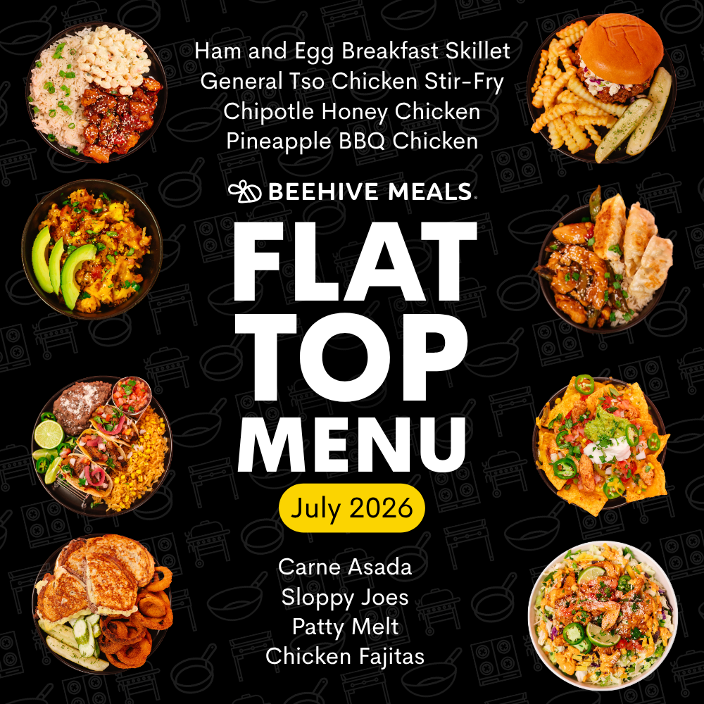Beehive Meals Flat Top Menu with various dishes and text on a black background