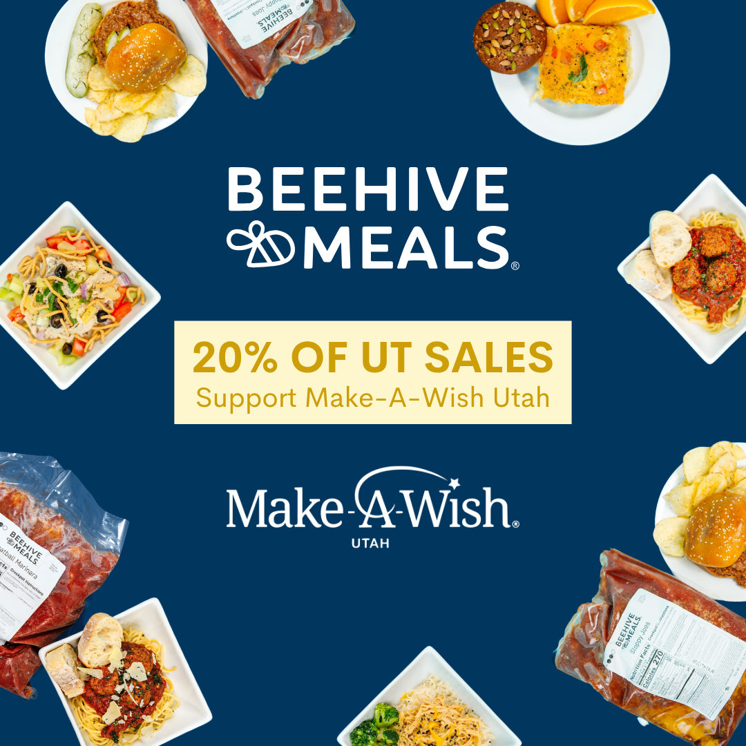 Promotional image for Beehive Meals with food items and Make-A-Wish Utah text on a blue background