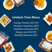 Promotional graphic for a limited-time menu with food images and descriptions on a blue background.
