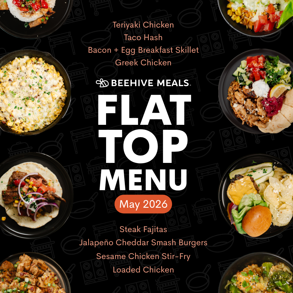 Promotional image of Beehive Meals Flat Top Menu with various dishes and text on a dark background.