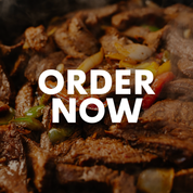 Close-up of cooked meat and vegetables with 'ORDER NOW' text overlay.